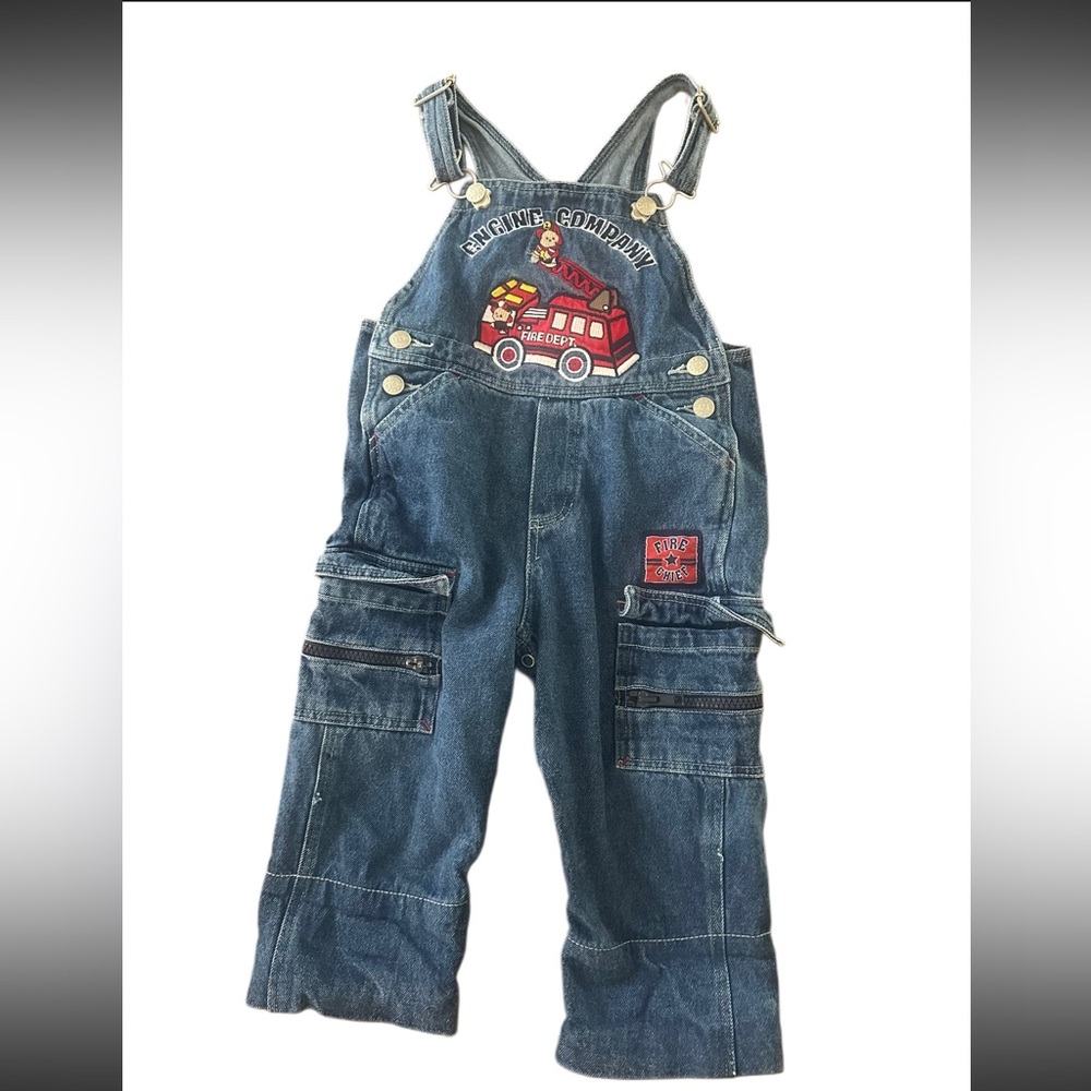 Kids vintage cotton denim overalls with fire trucks size 18-24 month